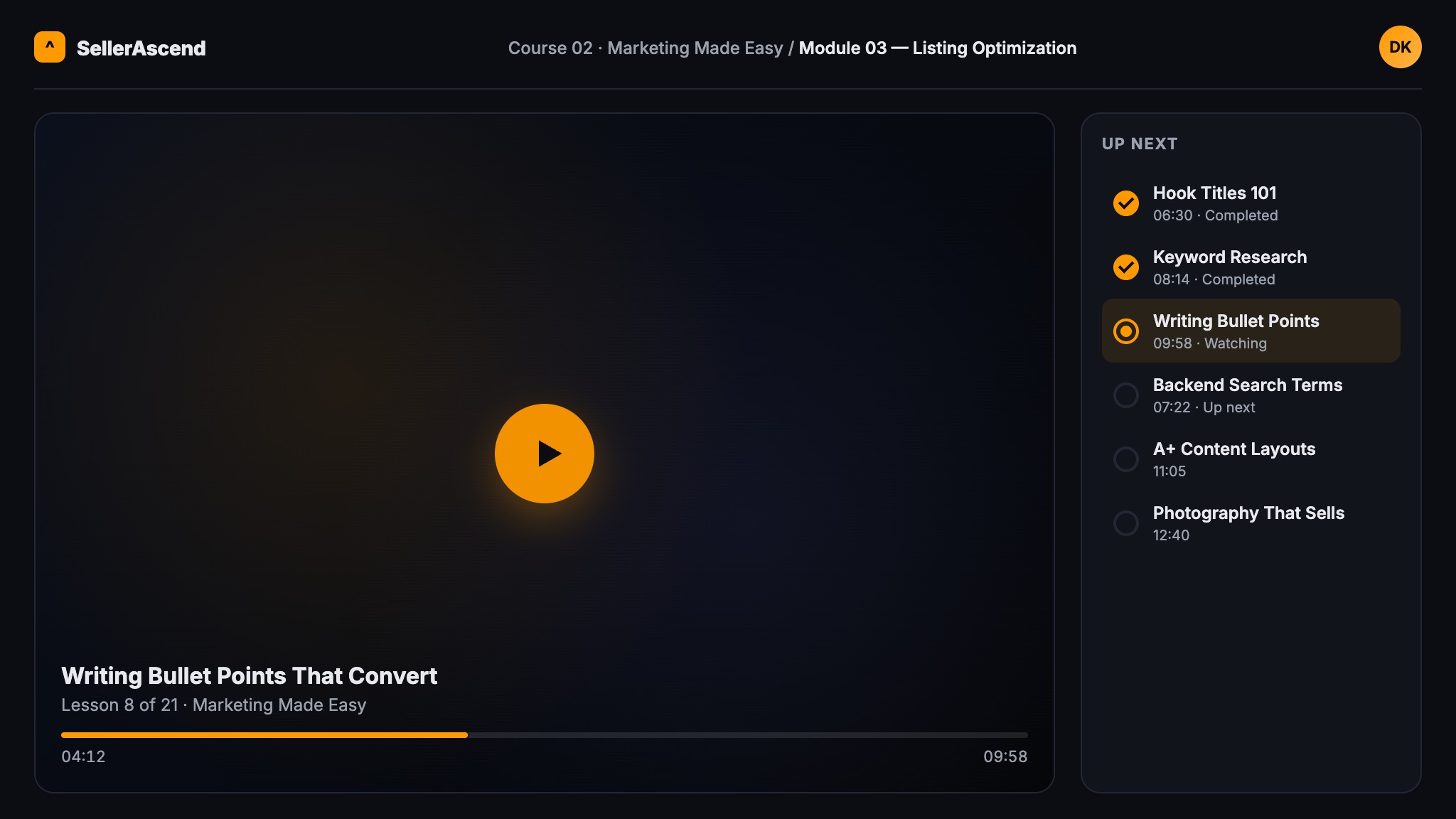 HD video player inside the SellerAscend members area